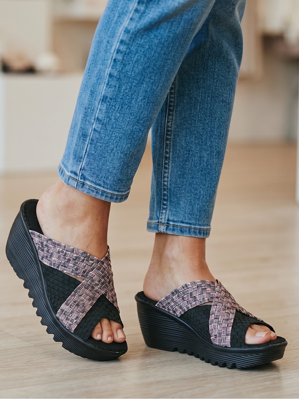Bernie Mev Woven Stretch Cross-Strap Wedge Sandals Black Plaid Slip-On Mules